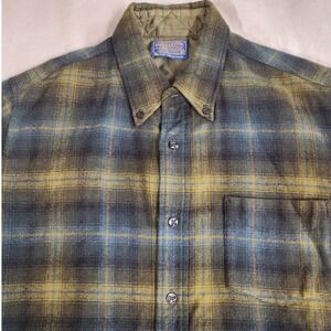 VTG Pendleton Shadow Plaid Wool Shirt MINT Olive Green Teal 70's Y2K STREETWEAR
